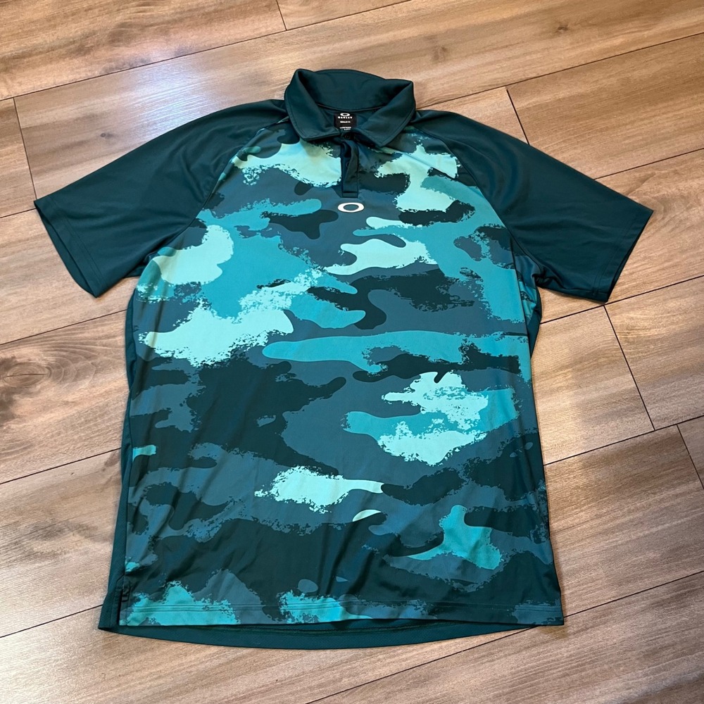 Oakley Mens 2XL Regular Fit Camo Polo Shirt Teal Blue Short Sleeve E-48